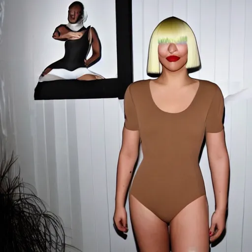 Image similar to sia furler wearing a skin colored leotard full body artistic photoshoot