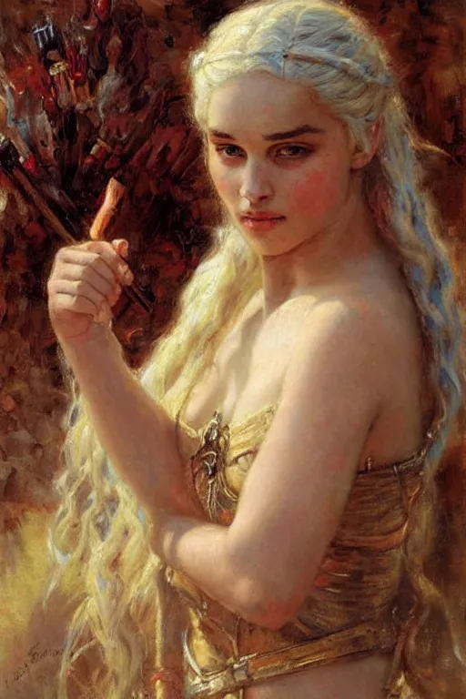 Image similar to portrait of daenerys targaryen. art by gaston bussiere.