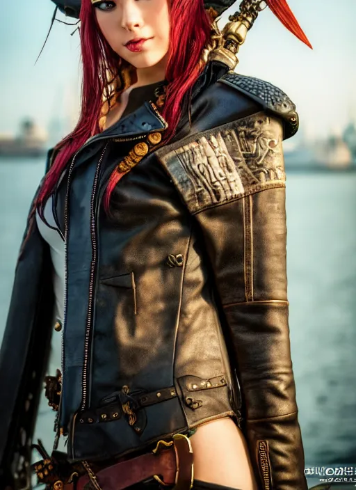 Image similar to photo of a pirate girl on a ship, leather jacket, fantasy, professionally color graded, interesting angle, sharp focus, 8 k high definition, insanely detailed, intricate, cunning, art by stanley lau and artgerm