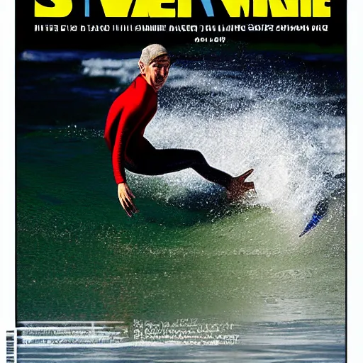 Image similar to mr bean catching a wave, cover of surfer magazine, july 2 0 1 1