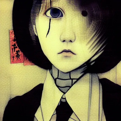 Image similar to yoshitaka amano blurred and dreamy realistic three quarter angle portrait of a young woman with short hair and black eyes wearing office suit with tie, junji ito abstract patterns in the background, satoshi kon anime, noisy film grain effect, highly detailed, renaissance oil painting, weird portrait angle, blurred lost edges