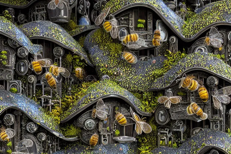 Image similar to elegance futuristic lichen covered favela graveyard honeybee hive, art nouveau environment, industrial factory, award winning art, epic dreamlike fantasy landscape, ultra realistic,