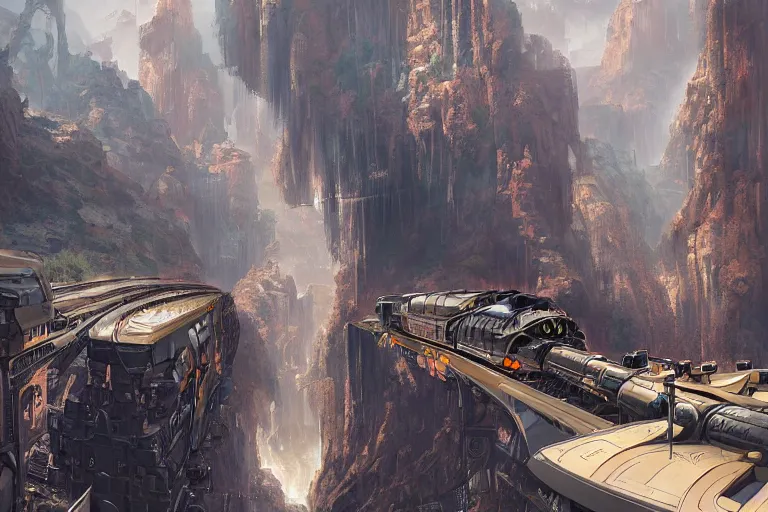 Prompt: a steam locomotive riding through a canyon towards a fortified futuristic city, hyperdetailed, artstation, by Feng Zhu and James Paick, by Ryan Church