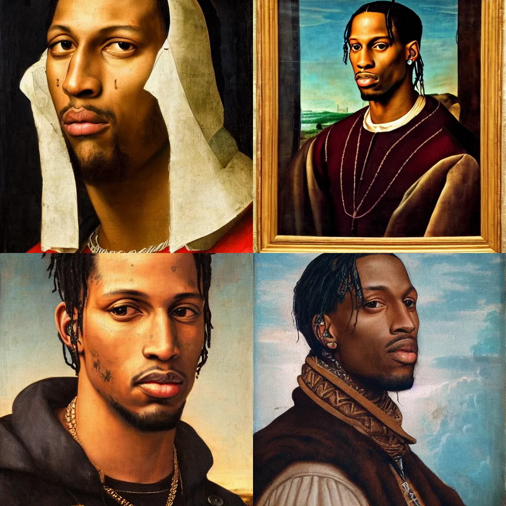 Image similar to A Renaissance portrait painting of Travis Scott