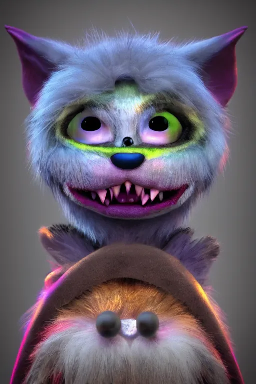 Prompt: 3 d model of adorable evil furry monster with glowing eyes by alexander jansson : 1 | centered, rainbow colored fur, matte background : 0. 9 | by jim henson : 0. 7 | dave melvin : 0. 4 | unreal engine, deviantart, artstation, octane, finalrender, concept art, hd, 8 k resolution : 0. 8