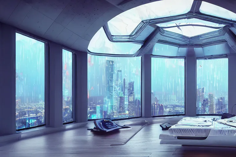 Image similar to a futuristic bedroom with large curved ceiling high windows looking out to a far future cyberpunk cityscape, cyberpunk neon lights, raining, scifi