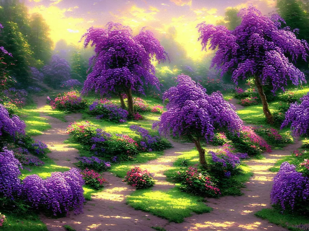 Prompt: lilacs, style thomas kinkade