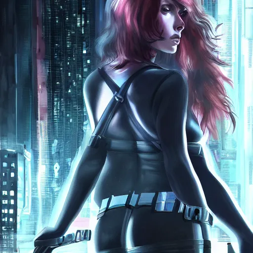 Image similar to black widow in a cyberpunk world, artstation hall of fame gallery, editors choice, #1 digital painting of all time, most beautiful image ever created, emotionally evocative, greatest art ever made, lifetime achievement magnum opus masterpiece, the most amazing breathtaking image with the deepest message ever painted, a thing of beauty beyond imagination or words