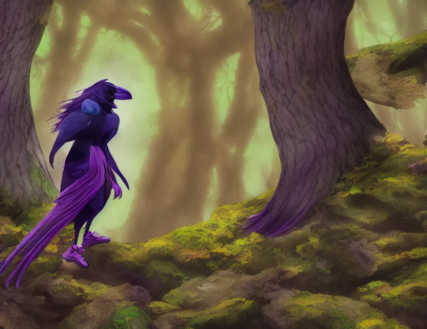 Image similar to female raven yokai in the lichen woods. safe for work, complementary colors, anime still, luminescent, 4 k, chiaroscuro, rimlight.