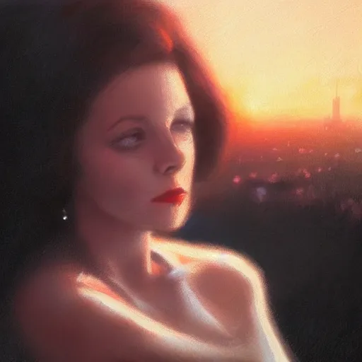 Prompt: a closeup portrait of a young vivian leigh, 1 9 7 0 s, city background, gorgeous view, sunset, film noir, depth, by seb mckinnon, by greg rutkowski, by igor kieryluk, digital art, trending on artstation