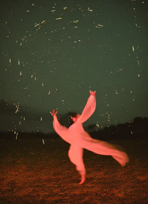 Image similar to female ascending into the sky, glowing aura, motion blur, long exposure, film grain, cinematic lighting, experimental film, shot on 1 6 mm