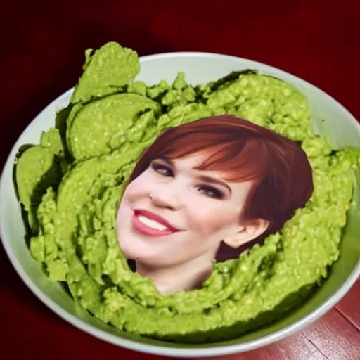 Image similar to molly ringwald face on a pile of guacamole