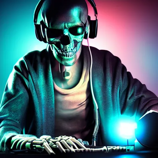 Image similar to cyberpunk skeleton with headphones playing synthesizer, smoke, lights, lasers, highly detailed, realistic, technology and magic,