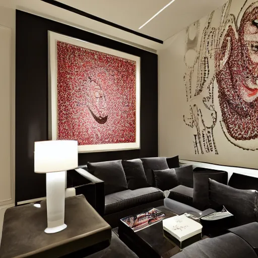 Image similar to artwork at a high - end luxury boutique hotel in new york city. expensive high fashion