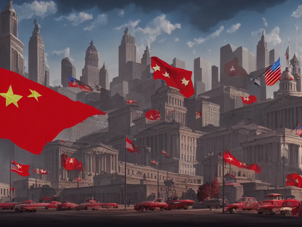 Image similar to landscape matte painting of a communist american state capital showing the triumph of communism in america, socialist american state flags, socialist statues, digital painting, modern city scape, conflict, camaraderie, sacrifice, hope, highly detailed, 4 k, artstation, photorealistic, architecture