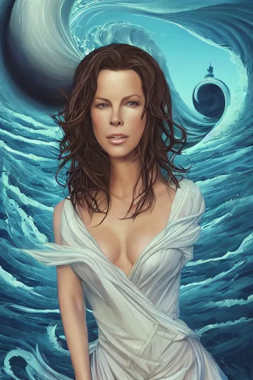 Image similar to kate beckinsdale as a heroine with a dress inspired by the great wave off kanagawa, digital painting, artstation, concept art, smooth, sharp focus, illustration, art by artgerm and donato giancola and Joseph Christian Leyendecker, Ross Tran, WLOP