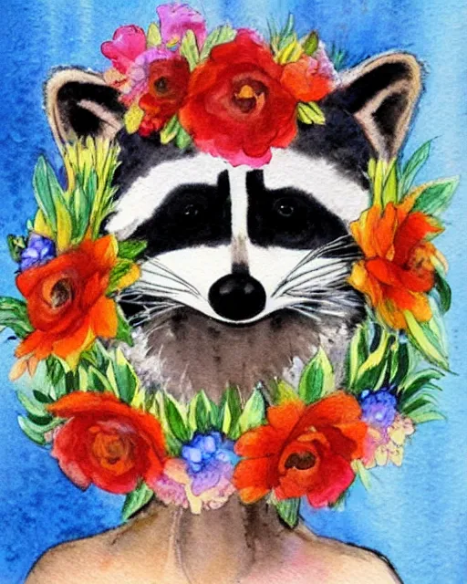 Image similar to a painting of a raccoon wearing a flower crown, a watercolor painting by annabel kidston, a storybook illustration, trending on pinterest, rococo, made of flowers, watercolor, whimsical, white paper