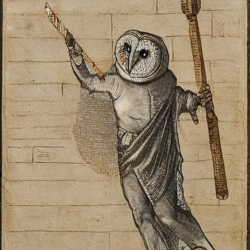 Image similar to humanoid barn owl wearing a roman toga and holding a javelin