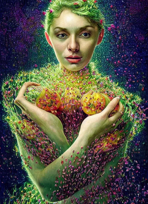 Image similar to hyper detailed 3d render like a Oil painting - Aurora (Singer) Eats of the Strangling Fruit and Her Hands full of gossamer polyp blossoms bring iridescent fungal flowers whose spores black the foolish stars by Jacek Yerka, Mariusz Lewandowski, Houdini algorithmic generative render, Abstract brush strokes, Masterpiece, Edward Hopper and James Gilleard, Zdzislaw Beksinski, Mark Ryden, Wolfgang Lettl, hints of Yayoi Kasuma, octane render, 8k