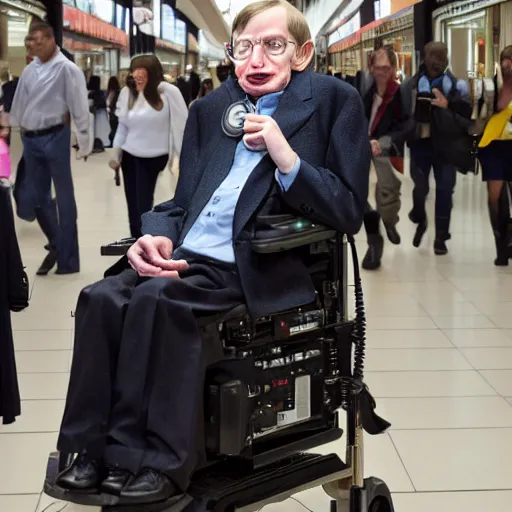 Prompt: Stephen Hawking getting lost in the mall, photography, high resolution 8k,