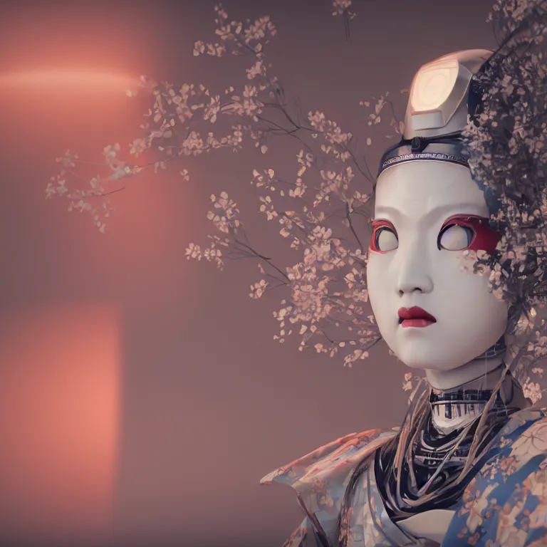 Prompt: a beautiful japanese geisha robot android portrait, kabuki mask, in the style of ash thorp, beautiful, diffuse cinematic lighting, anamorphic lens, anamorphic lens flare, hyper real, intricate detail, octane renderer, unreal engine 5