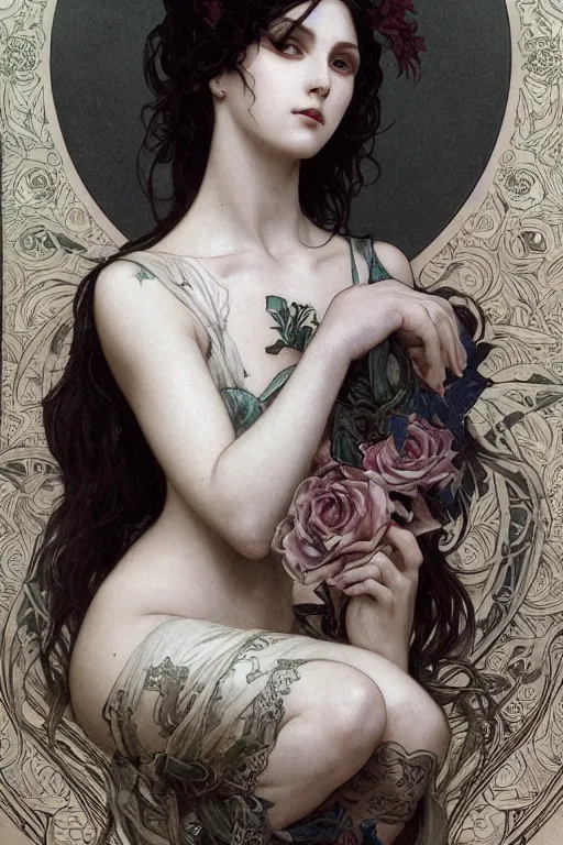 Image similar to portrait of a pretty gothic with tattoo, intricate, elegant, highly detailed, digital painting, artstation, concept art, smooth, sharp focus, illustration, art by artgerm and greg rutkowski and alphonse mucha and william - adolphe bouguereau