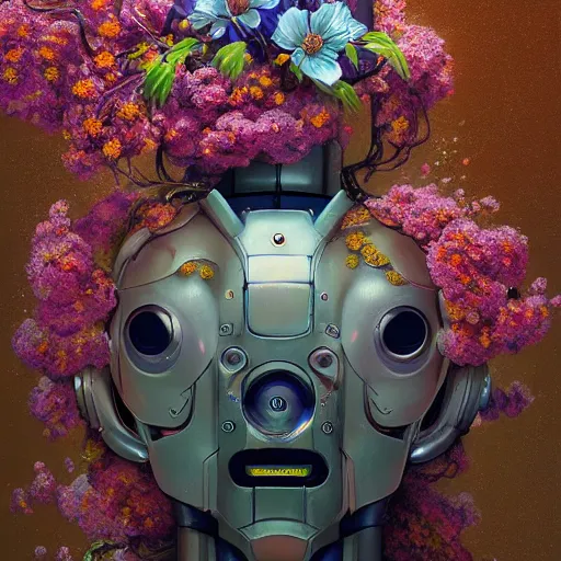 Prompt: highly detailed surreal vfx portrait of a robot with flowers growing out of its head, stephen bliss, unreal engine, greg rutkowski, loish, rhads, beeple, makoto shinkai and lois van baarle, ilya kuvshinov, rossdraws, tom bagshaw, global illumination, detailed and intricate environment