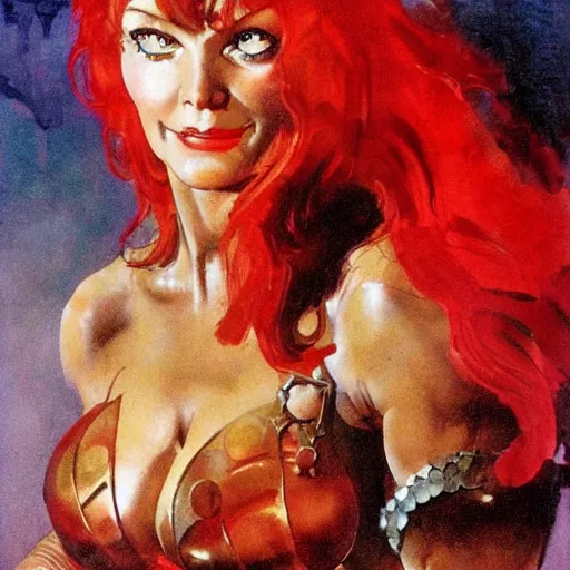 Prompt: Red Sonja portrait by Frank Frazetta, sly smile. Detailed.