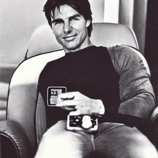 Image similar to Polaroid of Tom Cruise sitting in recliner with remote control 1983