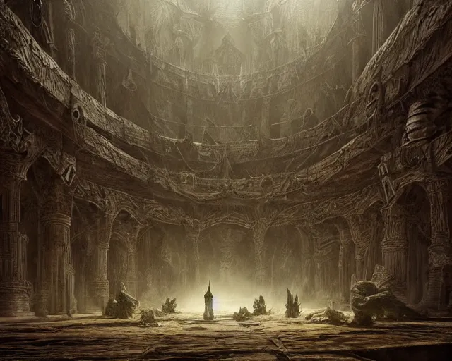 Image similar to king of the wolves - fantasy, inside the king's hall wolves and their treasures, ethereal, ominous, misty, 8 k, by h. r. giger and greg rutkowski, the last guardian by fumito ueda - elden ring