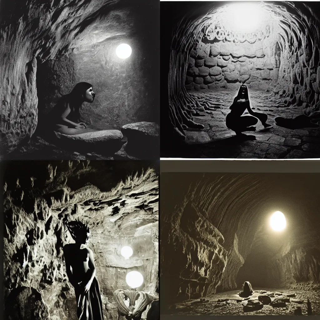 Prompt: a masterpiece photograph of a demon goddess, inside a gothic cave, moonlight, by alfred hitchcock, by henri cartier - bresson, by sohrab hura, by raghu rai, shot on large format film camera, cinematic composition,