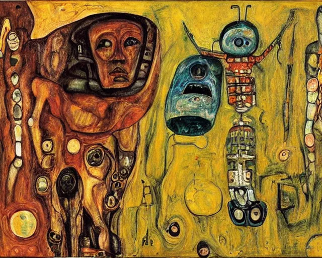 Image similar to a painting of a aliens and robots by graham sutherland, egon schiele, gustav klimt, expressionism