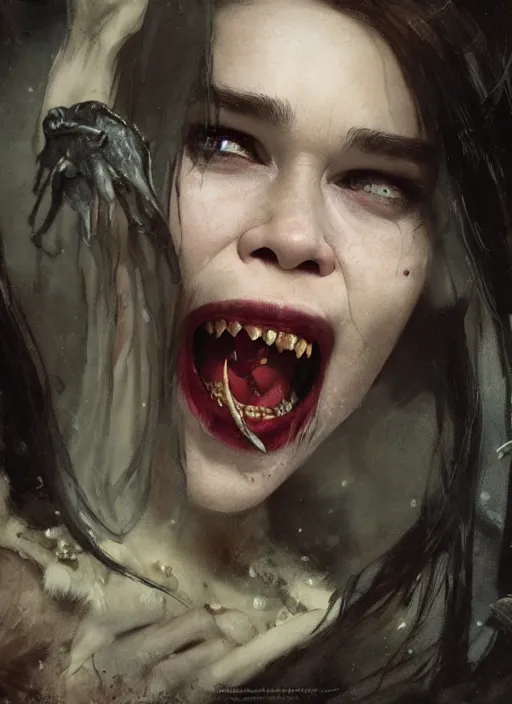 Prompt: smiling young emilia clarke vampire, mouth open, staring seductively, detailed by gaston bussiere, bayard wu, greg rutkowski, giger, maxim verehin, greg rutkowski, masterpiece, sharp focus, cinematic lightning