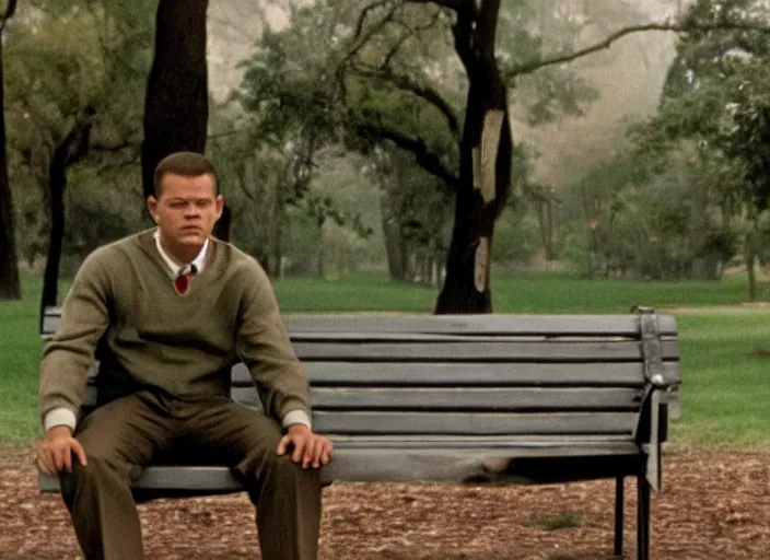 Image similar to film still of matt damon as forrest gump sitting on a bench in forrest gump, 4 k