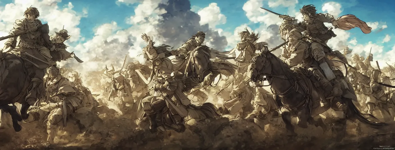 Prompt: calvary soldiers riding to their deaths on the battlefield. hyperrealistic anime background illustration by kim jung gi, extremely detailed faces, intricate linework, smooth, super sharp focus, bright colors, high contrast, matte, octopath traveler, studio ghibli, unreal engine 5 highly rendered, global illumination, radiant light