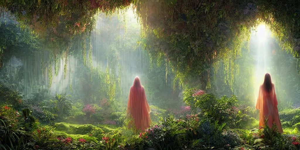 Prompt: long shot of a bright sun shining through a gardens in the bay interior, mystical woman wearing a cloak walking in over grown botanical garden, pre raphaelite, atmospheric, ground mist, waterfalls, light streams, style of gardens in the bay singapore, art by artgerm, sharp, intricate detail,