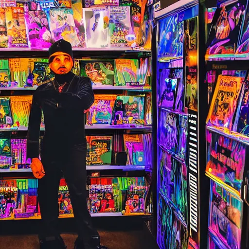 Image similar to black light photo, a man in a colorful velvet full body suit crouched inside a video rental store, nostalgia, hyper realism, the end of innocence