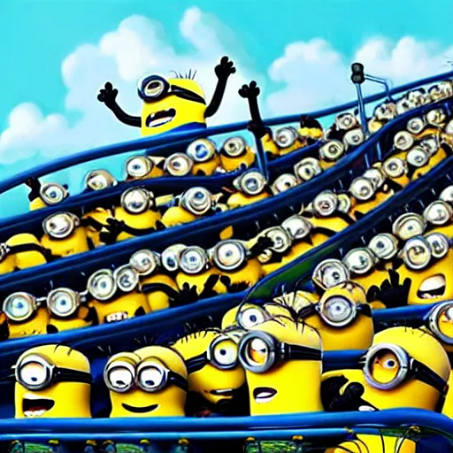 Image similar to minions on a roller coaster, concept art, highly detailed, digital art