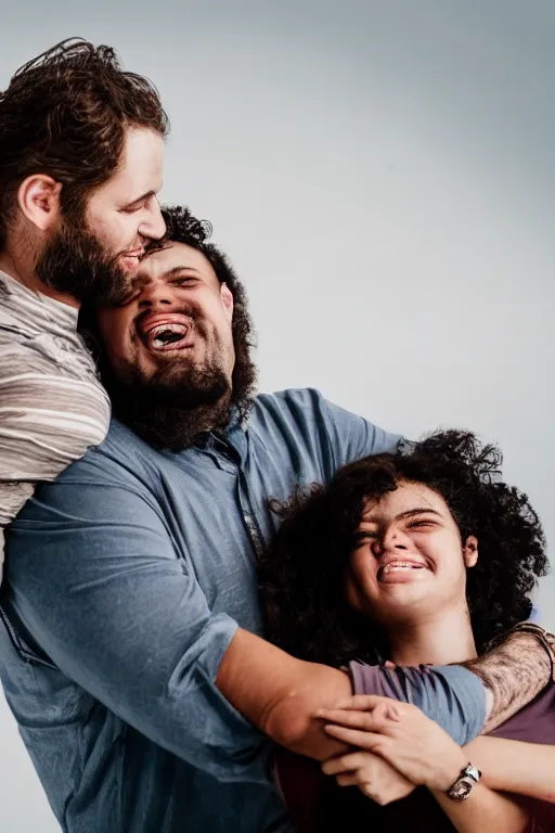 Prompt: giant man hugging little woman, full - grown woman being cradled in a giant's arms, wholesome, modest, romantic