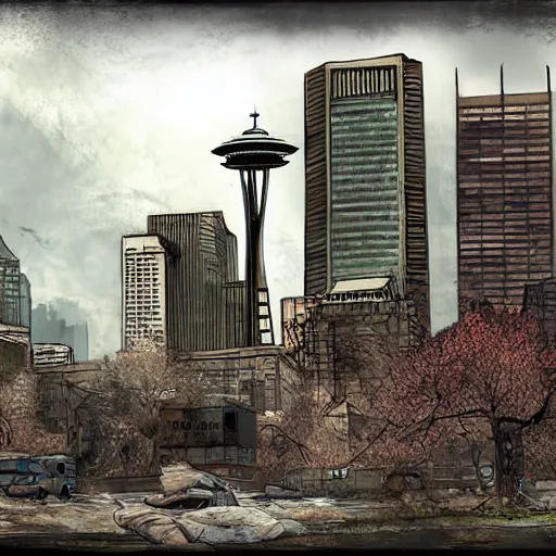 Image similar to seattle, abandoned and post - apocalyptic, concept art, digital painting