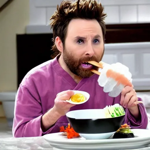 Image similar to Charlie Day eating sushi out of a white toilet bowl with chopsticks, 8k, photo realistic