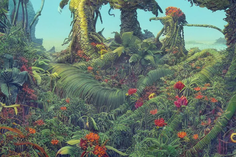 Image similar to evangelionic illustration, a lot of exotic vegetation, trees, tremendous pleasure, flowers, oldschool vintage sci - fi flat surreal design, super - detailed, oil painting by moebius, hd, 4 k, high quality