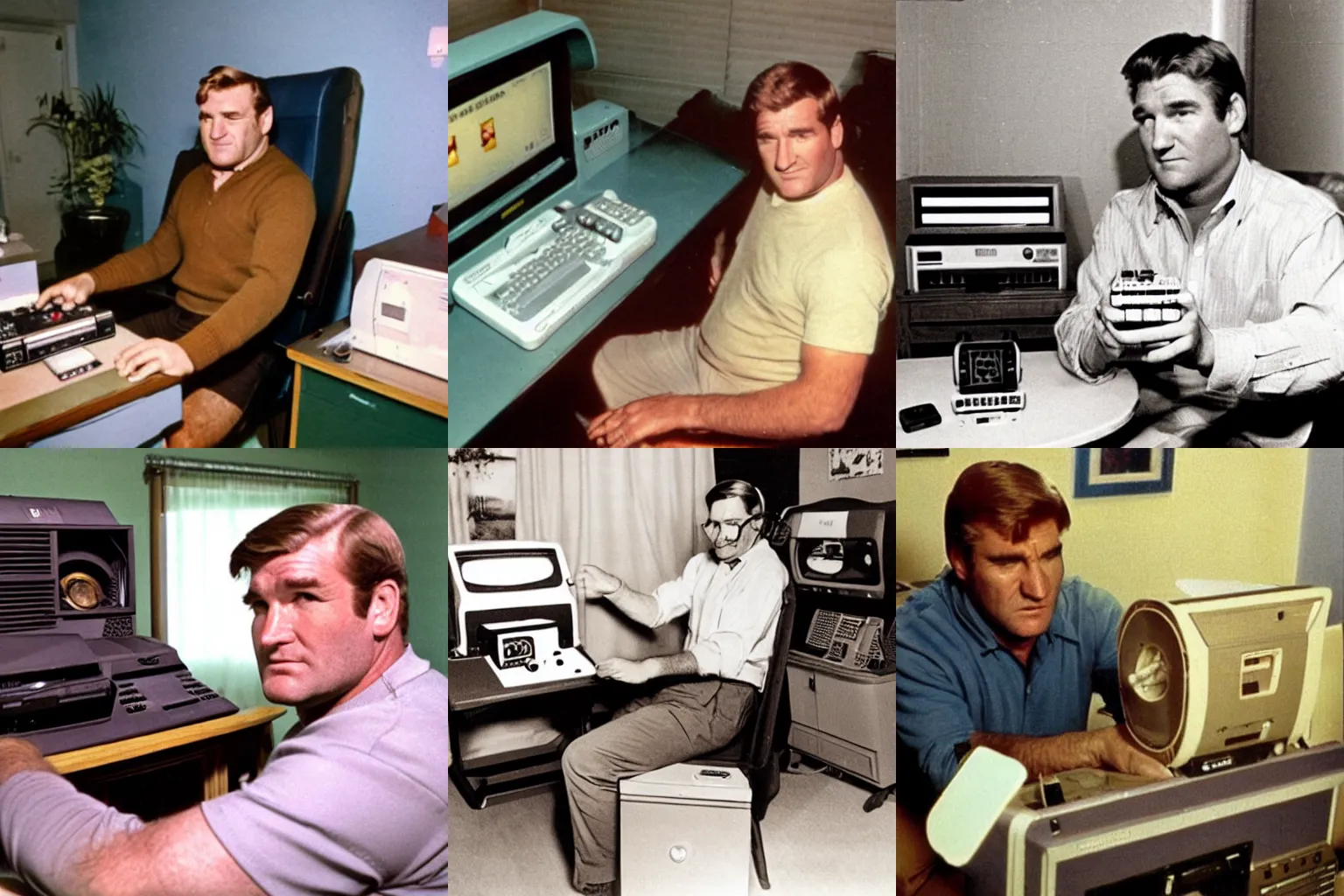 Prompt: Rod Taylor sitting at an old personal computer playing retro video games