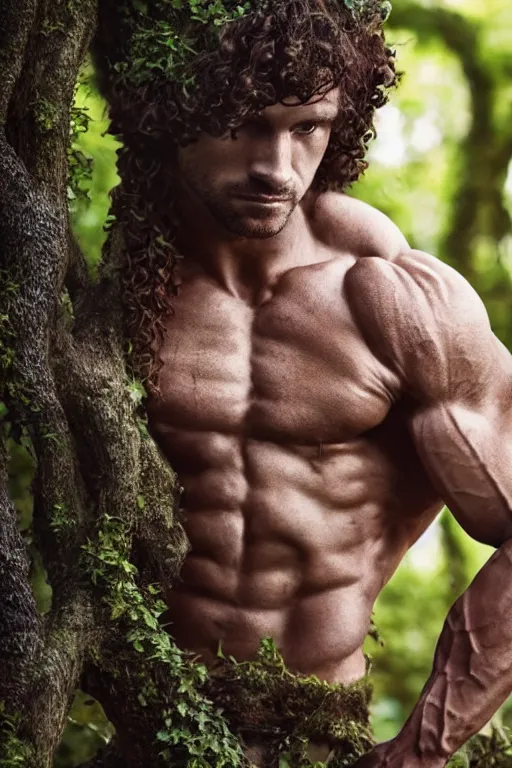 Image similar to close up, portrait of a muscular man, chiseled features, beautiful flowing brown curly hair, mythological, god of nature, defined muscles, artsy photography, film photo, 4 k, model posing, deep tan skin, trending on artstation, fashion photography, yellow eyes, overgrown background, dryad, verdant forest, face