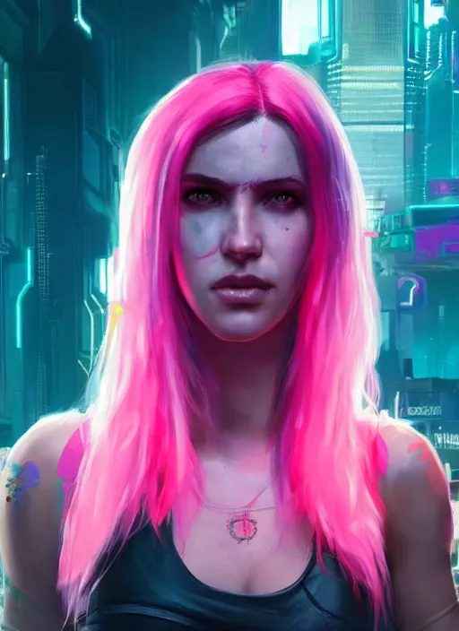 Prompt: portrait of cyberpunk 2 0 7 7 young woman, frank costume, beautiful face, face implants glowing neon, short pink hair, extremely detailed, art by artgerm and greg rutkowski and magali villeneuve