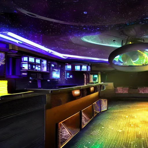 Image similar to space punk nightclub on an asteroid orbiting saturn with an indoor aquarium and bar