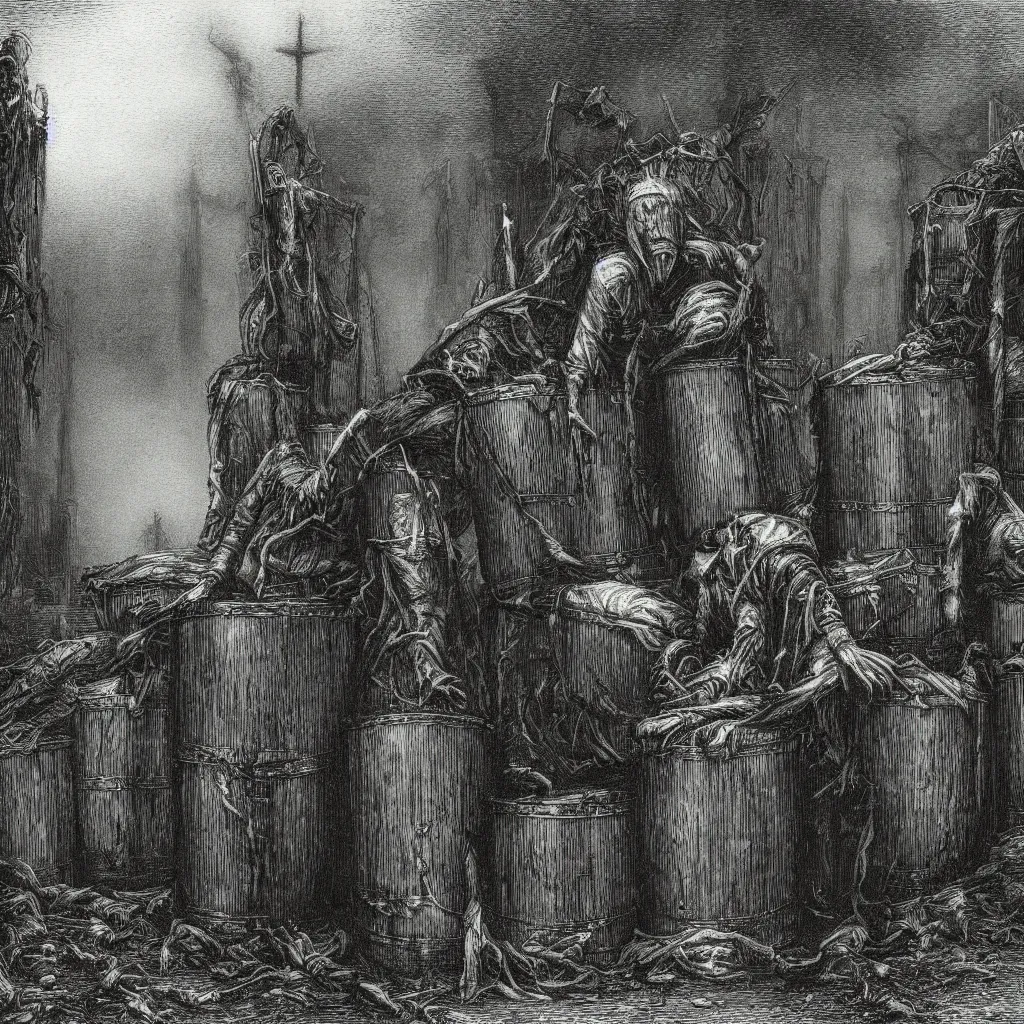 Image similar to steel barrels in a graveyard, creepy atmosphere, dark, portrait, realistic, very realistic, illustration by gustave dore