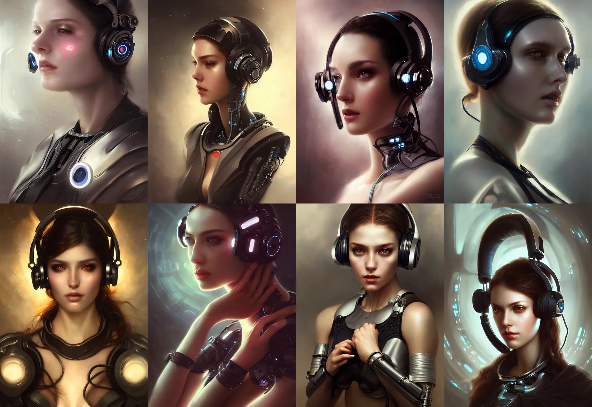 Image similar to a beautiful woman wearing a cybernetic headset, painted by artgerm and tom bagshaw, fantasy art, dramatic lighting, highly detailed oil painting