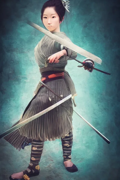 Image similar to highly detailed beautiful photo of a young female samurai, practising sword stances, symmetrical face, beautiful eyes, realistic anime art style, 8 k, award winning photo, pastels, action photography, 1 / 1 2 5 shutter speed, dramatic lighting