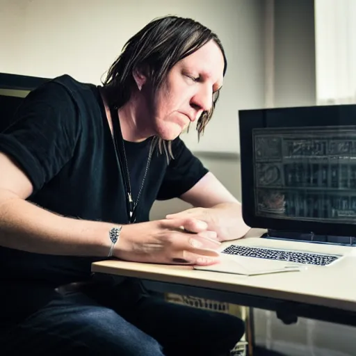 Prompt: elliott smith using a computer, ultra realistic, 8 k, photorealistic